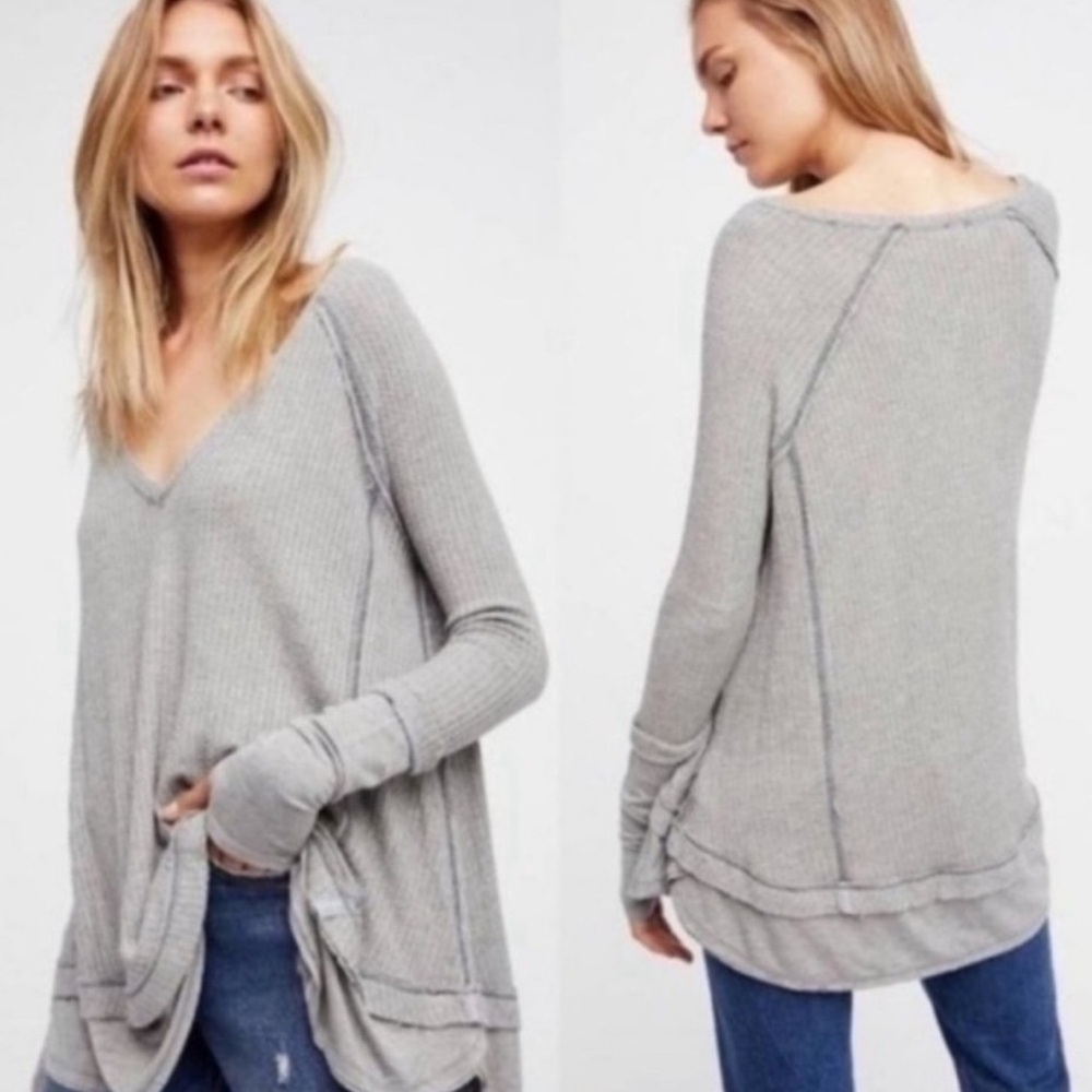 Free People Laguna Thermal Size Medium Gray Long Sleeve Top